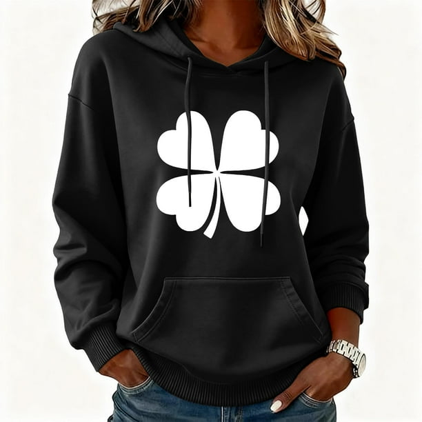 Xuyuer Womens St. Patrick's Day Clover Print Hoodie Casual Long Sleeve Sweatshirt Irish Shamrock Pullover Tops Sweatshirts Clover Print Shirts Casual Irish Gift Loose Fit Tops