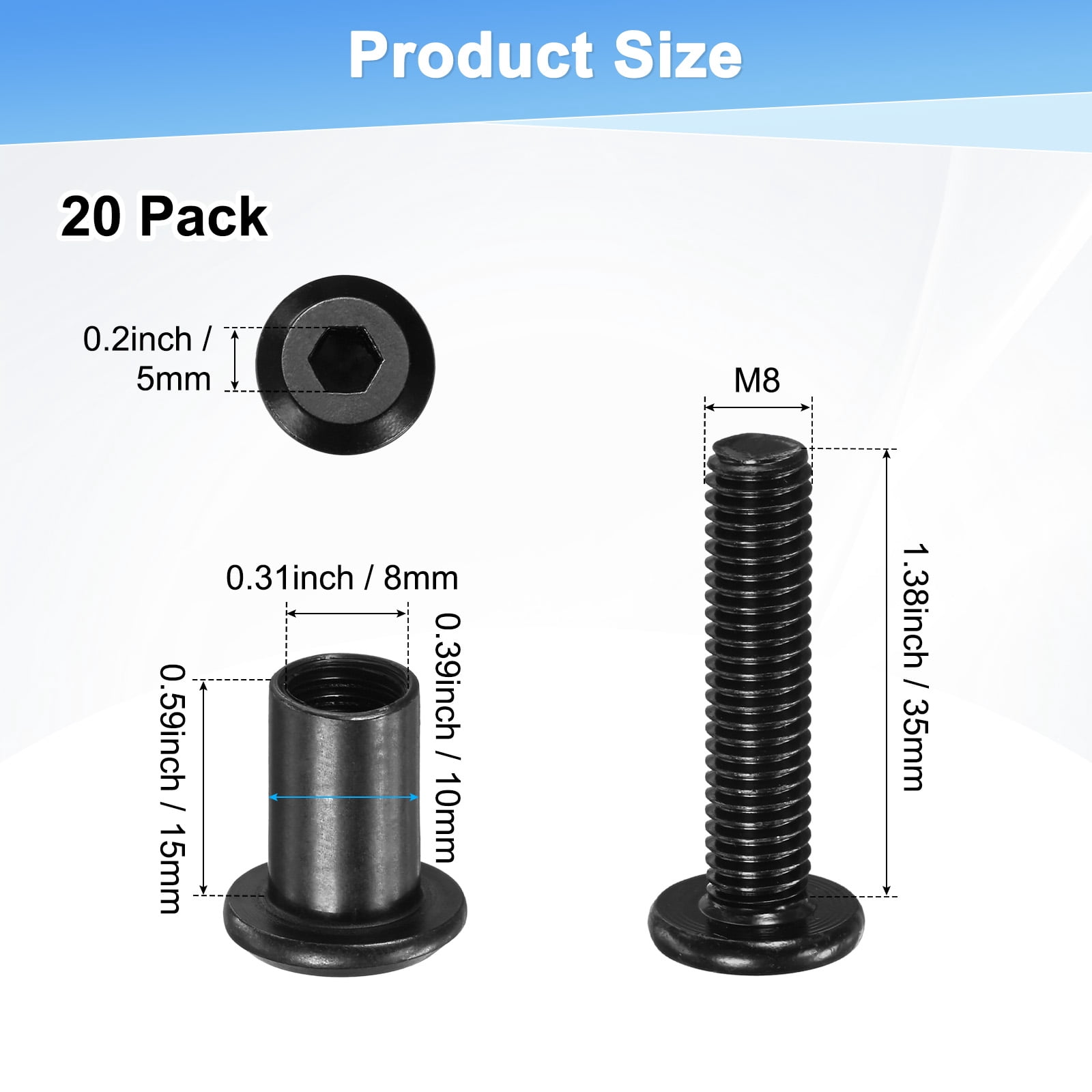 Uxcell 20-Pack Hex Drive Socket Cap Bolt M8 x 35mm Carbon Steel for Furniture