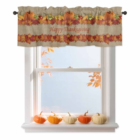 Pumpkin Happy Thanksgiving Valances for Windows, 54 x 18in, Maple Leaf Brown Linen Rod Pocket Kitchen Valance Curtain Light Filtering Window Treatments for Living Room Bedroom, 1 Panel