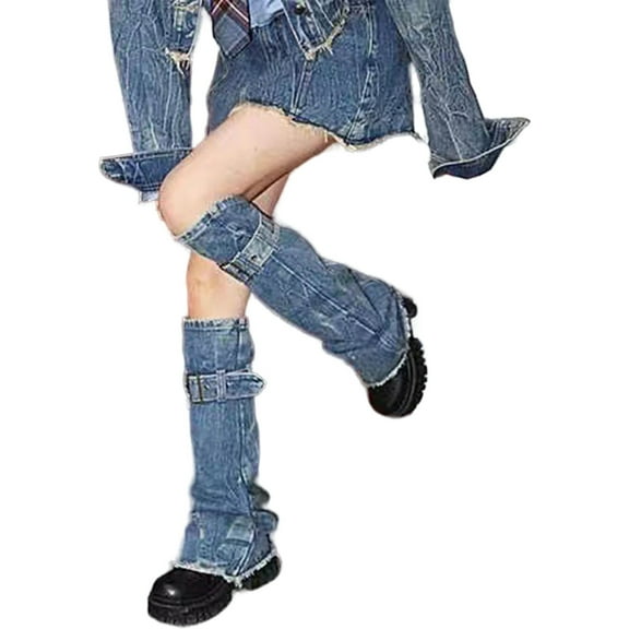 Women Punk Leg Warmer with Buckled Harajuku Washed Jeans Blue Leg Sleeve Socks