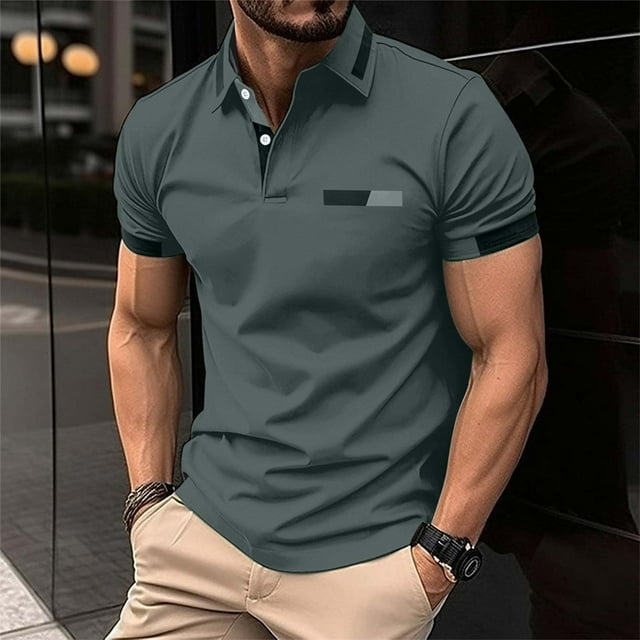 pstuiky camisetas para hombre, Camisa tipo jersey para hombre, de color liso, con cremallera, manga corta y cuello vuelto camisas casuales para hombre l
