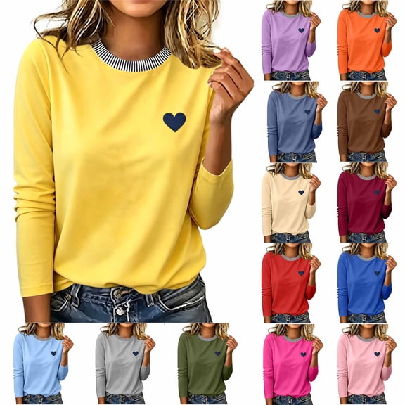Zormilly Long Sleeve Shirts for Women Striped Crew Neck Casual Plus Size Blouses Heart Printed Fashion Loose Fall Outfits, S-5XL