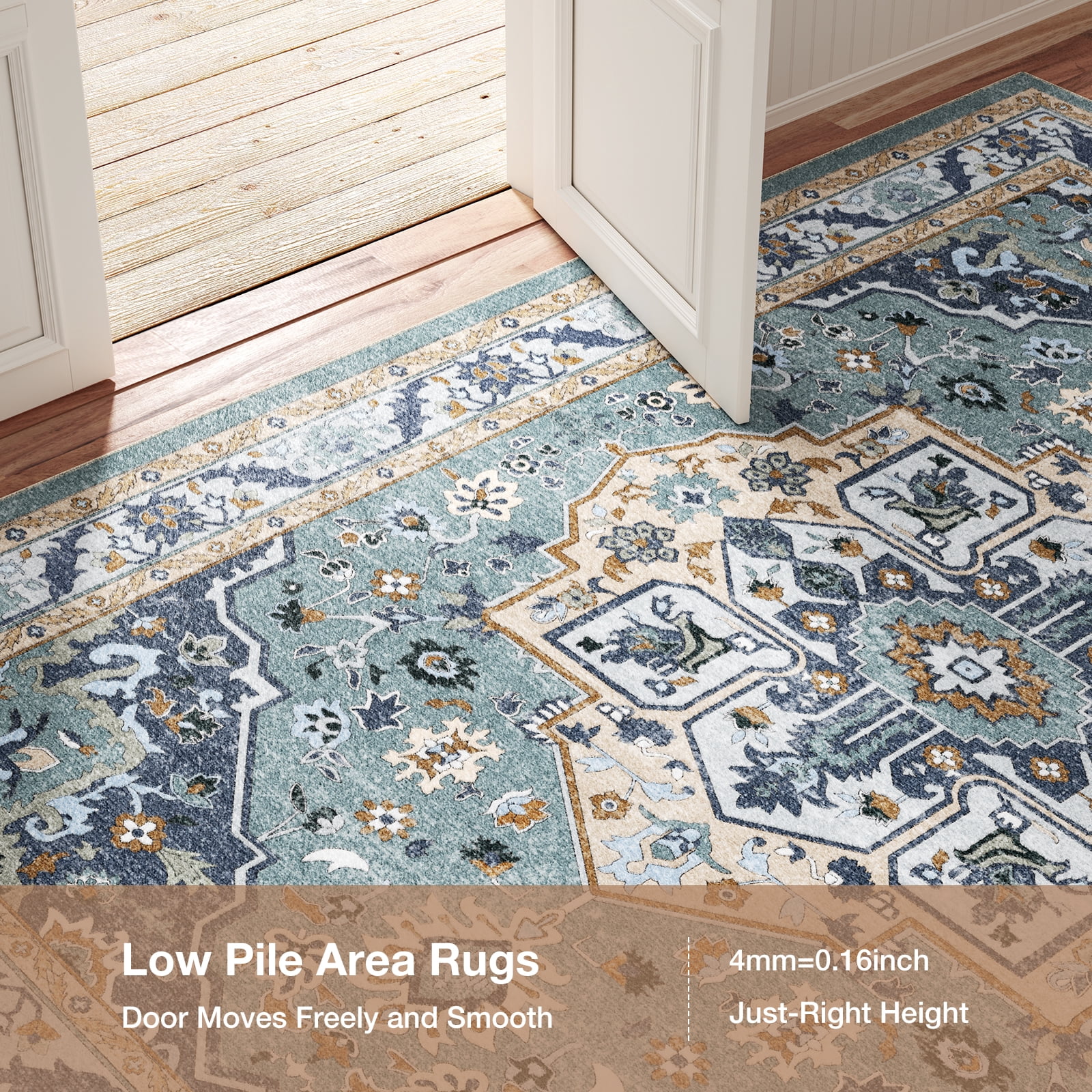 Washable Area Rug for Living Room, NovDeco 4'x6' Non-Slip Vintage Boho Light Blue Indoor Rug, Low Pile Stain Resistant Carpet for Bedroom, Nursery