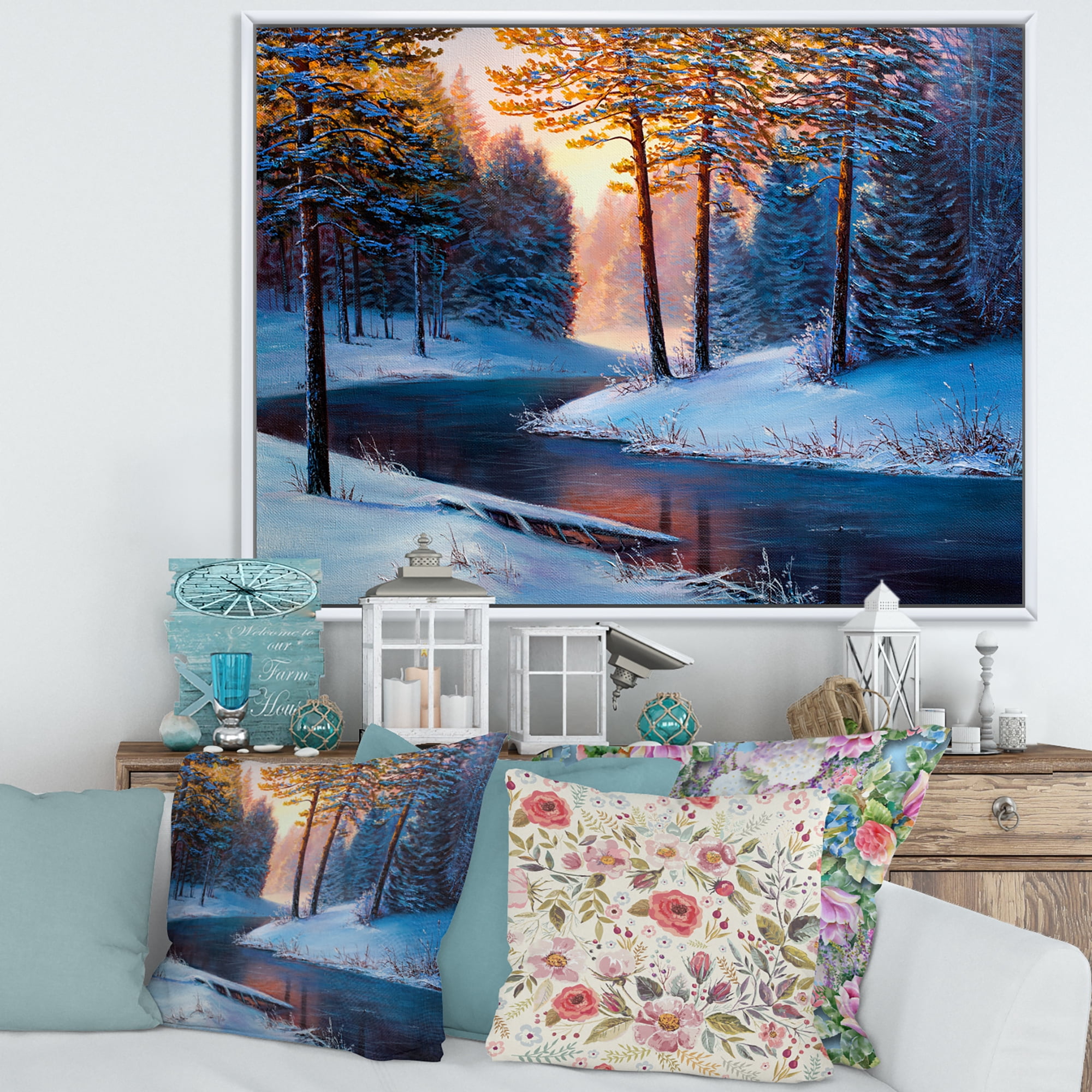 Designart 'Morning Glow Through The Christmas Forest By The River' Lake House Framed Canvas Wall Art Print