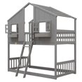 thumbnail image 5 of DreamBuck House Bunk Beds, Twin Over Twin Bunk Bed with Roof, Ladder, and Windows, Wood Bunk Bed with Guardrail, Twin Bunk Bed for Teens, Playhouse Bed Frame for Bedroom, No Box Spring Needed, 5 of 10