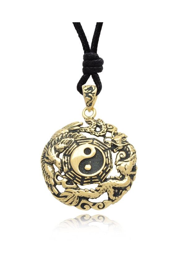 Phoenix Dragon Yin Yang Handmade Brass Charm Necklace Pendant Jewelry With Cotton Cord