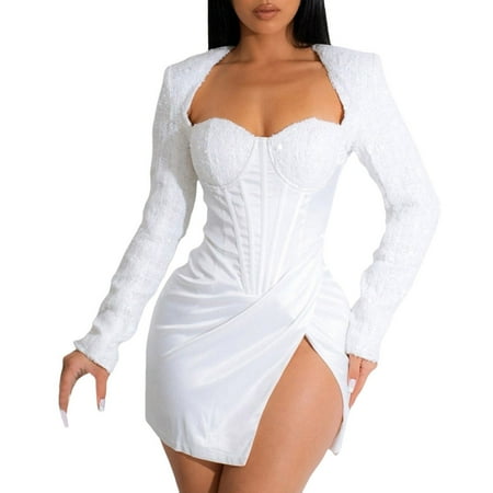 DVKOVI Womens Formal Dress Petite Formal Dresses for Women Evening Party Square Neck Corset Long Sleeve Side Slit Dress Slim Short Dresses Women Glitter Sequins Birthday Christmas Dress White M