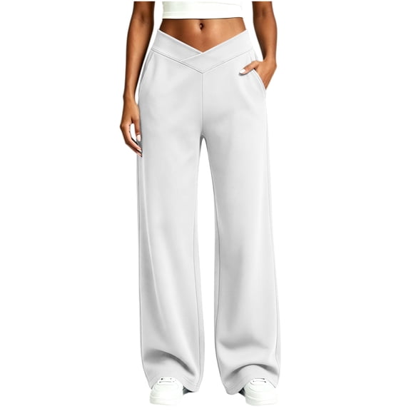 AherBiu Yoga Pants for Women Crossover Waisted Straight Wide Leg Baggy Loose Fitted Athletic Workout Pants with Pockets