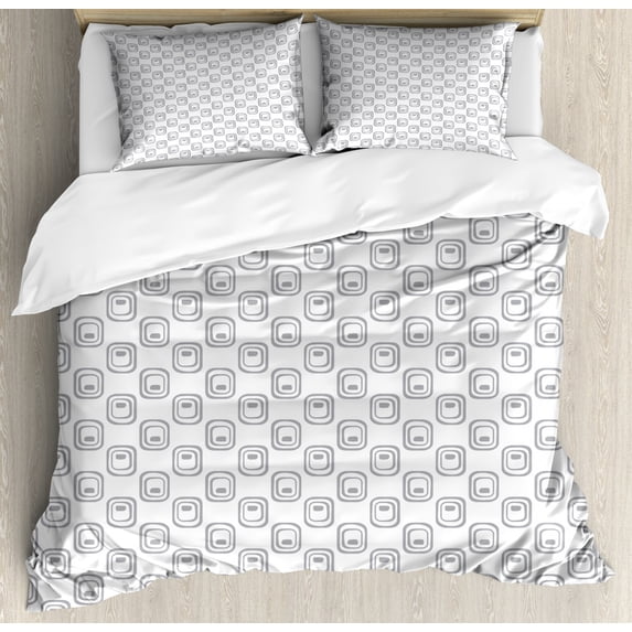 Abstract Duvet Cover Set Queen Size, Geometric Sketchy Art Monochrome Geometric Vintage Muted Tones Illustration, Decorative 3 Piece Bedding Set with 2 Pillow Shams, Grey and White, by Ambesonne