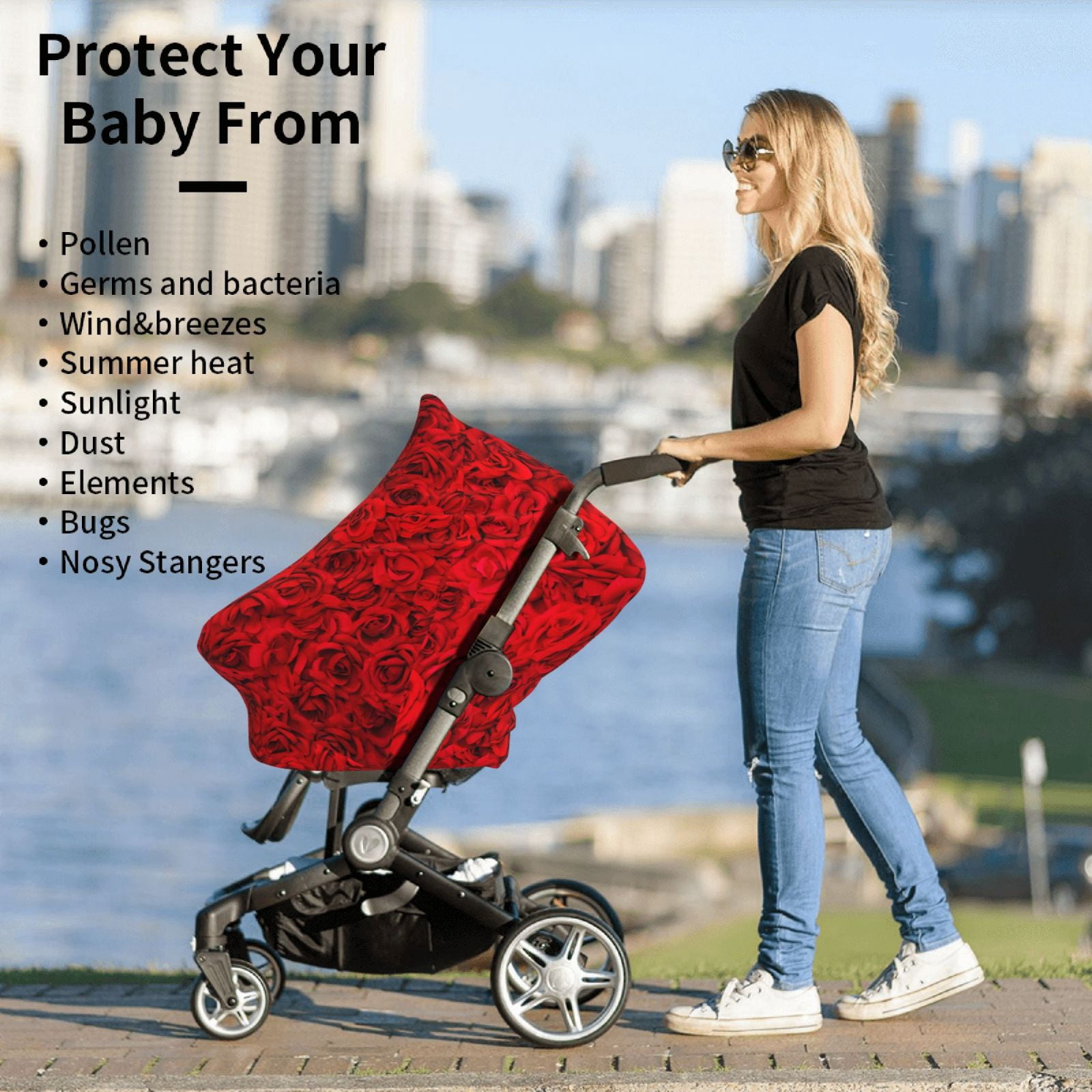 Fotbe Red Rose Pattern Car Seat Covers for Babies, Nursing Breastfeeding Cover Infant Carseat Canopy, Soft Stretchy Carrier Cover