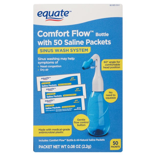 Equate Comfort Flow Bottle with 50 Saline Packets Nasal Wash System for Nasal Congestion