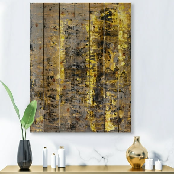 Designart 'Grey Meets Yellow Abstract Art II' Modern Print on Natural Pine Wood