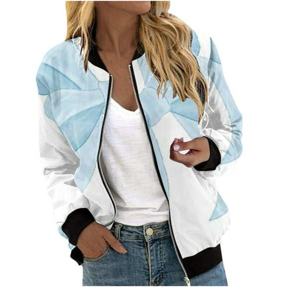 Herrnalise Women's Bomber Jacket Casual Coat Zip Up Outerwear Windbreaker Floral Prints Overcoat With Pockets Light Blue,M