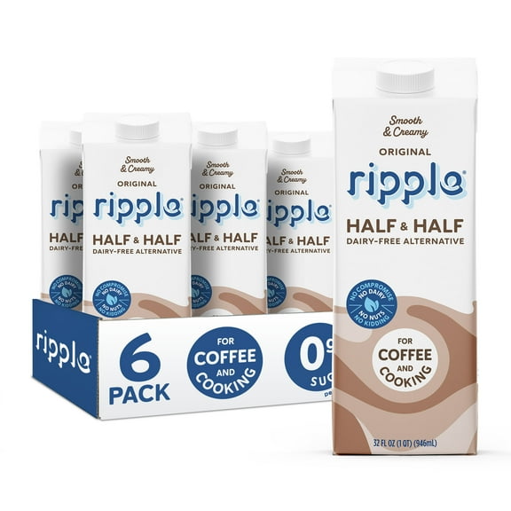 Ripple Half and Half Non-Dairy Milks | Vegan Milk with 8g Pea Protein | Shelf Stable | Non-GMO. Plant Based, Gluten Free | (32 Fl Oz (Pack of 6), Half and Half)