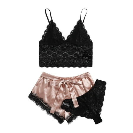 

BIZIZA Pajama Set for Women Loungewear Sleepwear 3 Piece PJ Sets Cami Top and Shorts Panty Lace Soft Pink M