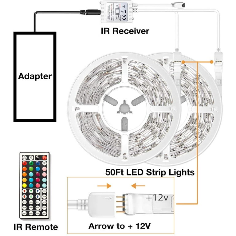  VOLIVO 50 FT RGB Led Strip Lights,Color Changing Led Light  Strips Kit with 44 Keys IR Remote Control, Led Lights for Bedroom, Room,  Home Decoration : Home & Kitchen