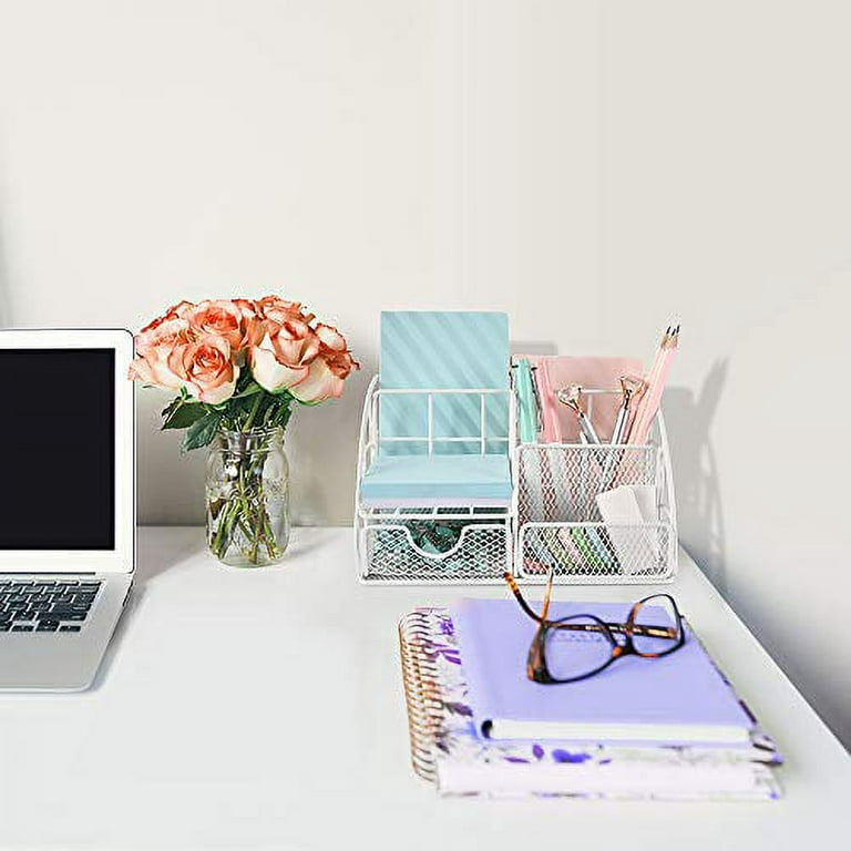 AUPSEN Desk Organizer Mesh Office Supplies Desk Accessories Features 5 Compartments + 1 Mini Sliding Drawer(White)