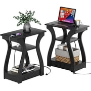 Black End Table Set of 2 with Charging Station Side Table with Ports and Outlets Black Nightstand 3 Tier End Table with Storage Shelf for Living Room Bedroom