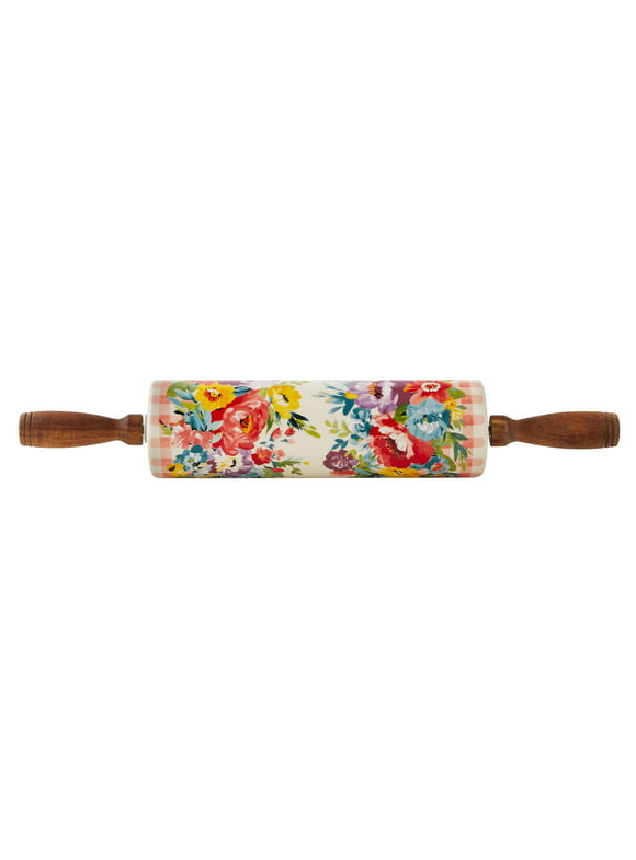 The Pioneer Woman Sweet Romance Blossoms Ceramic Rolling Pin with Acacia Wood Handles
