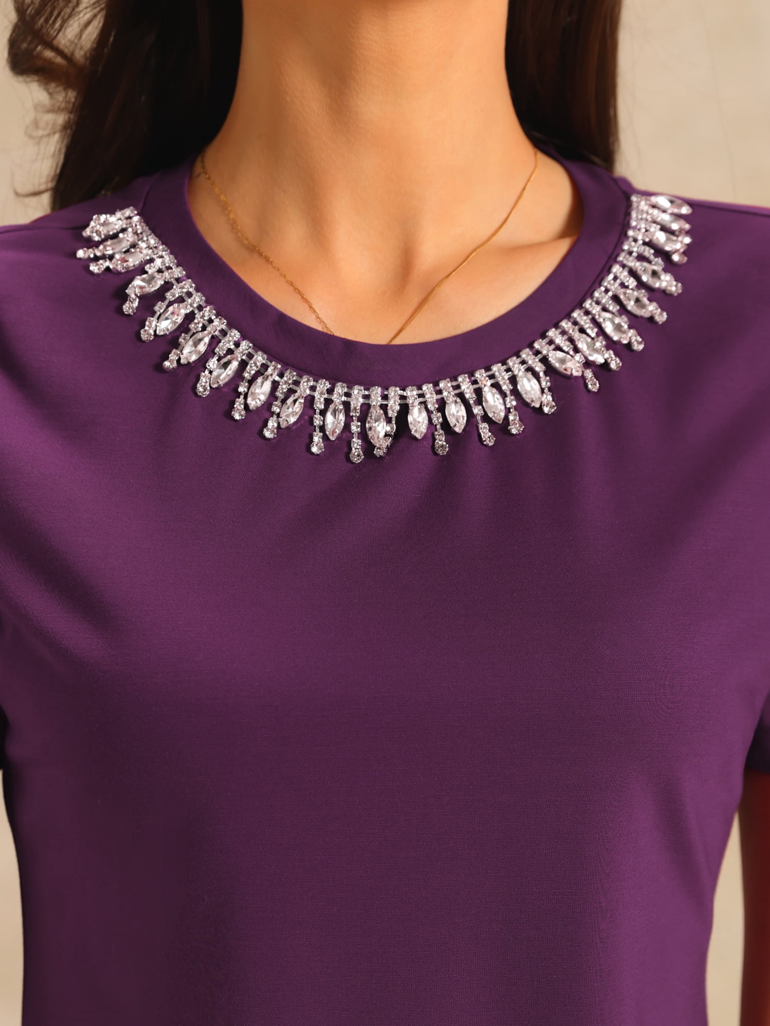 DARING DIVA Women's Elegant Women's Sparkly Blouse with Rhinestones S Purple