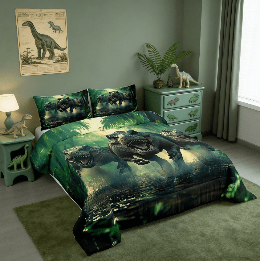 Manfei Cartoon Ancient Dinosaur Full Size Comforter Sets,3D Dino Print Jungle Dino Bedding Sets Wild Animal Bedroom Decor Reversible 3pcs