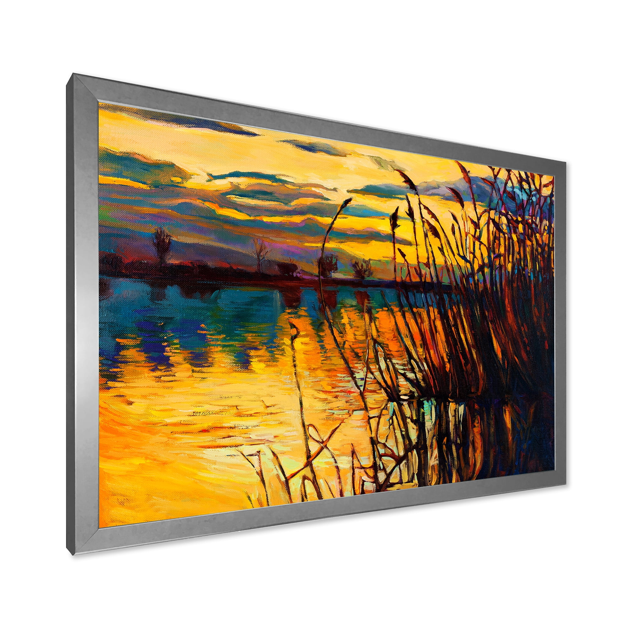 Designart 'Yellow Evening Glow Through The High Grass By The Lake' Nautical & Coastal Framed Art Print