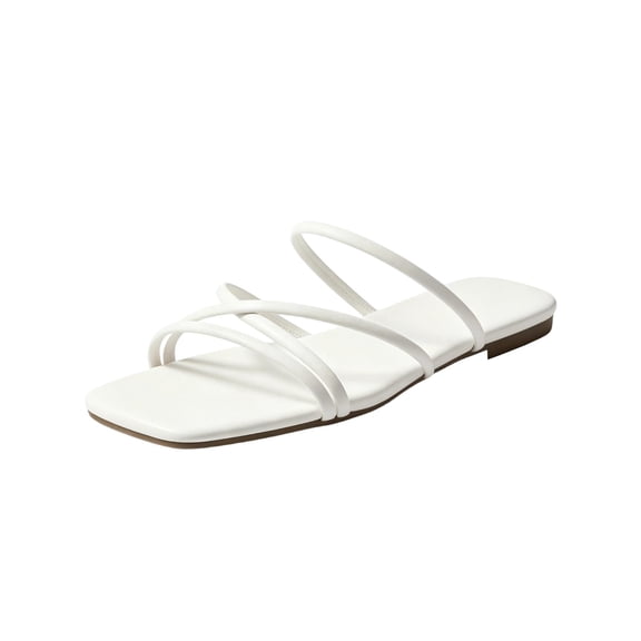 Wensltd Women Thin Strap Flat Slide Sandals Square Open Toe Slip On Daily Outdoor Walking Sandals White