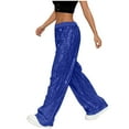 thumbnail image 4 of WULMLEO Women Sparkly Sequin Wide Leg Pants Shiny Elastic Low Rise Drawstring Palazzo Pant Glitter Baggy Party Long Trouser Blue S, 4 of 6