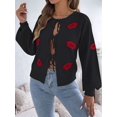 thumbnail image 4 of Women Jacquard Pattern Crew Neck Front Self Tie Cutout Lantern Long Sleeve Loose Knit Sweater, 4 of 9