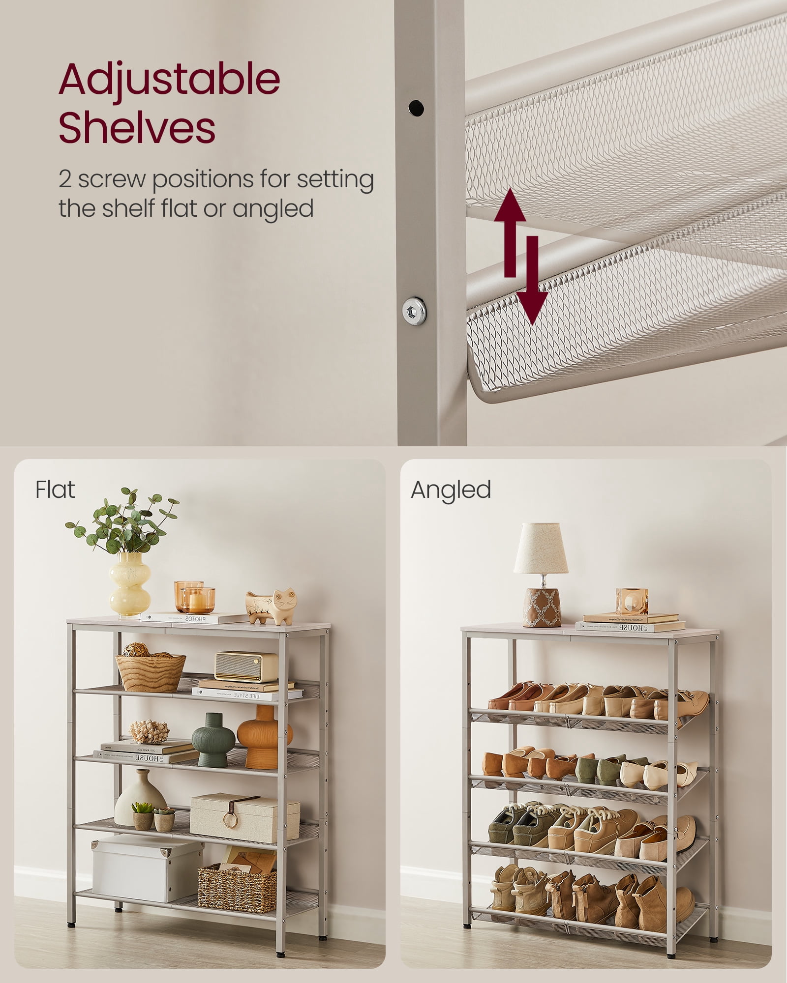 Shoe Rack, 5-Tier Shoe Rack Organizer for Closet Entryway with Storage Shelves and Top, Freestanding, Steel, Cappuccino Beige and Oatmeal Beige