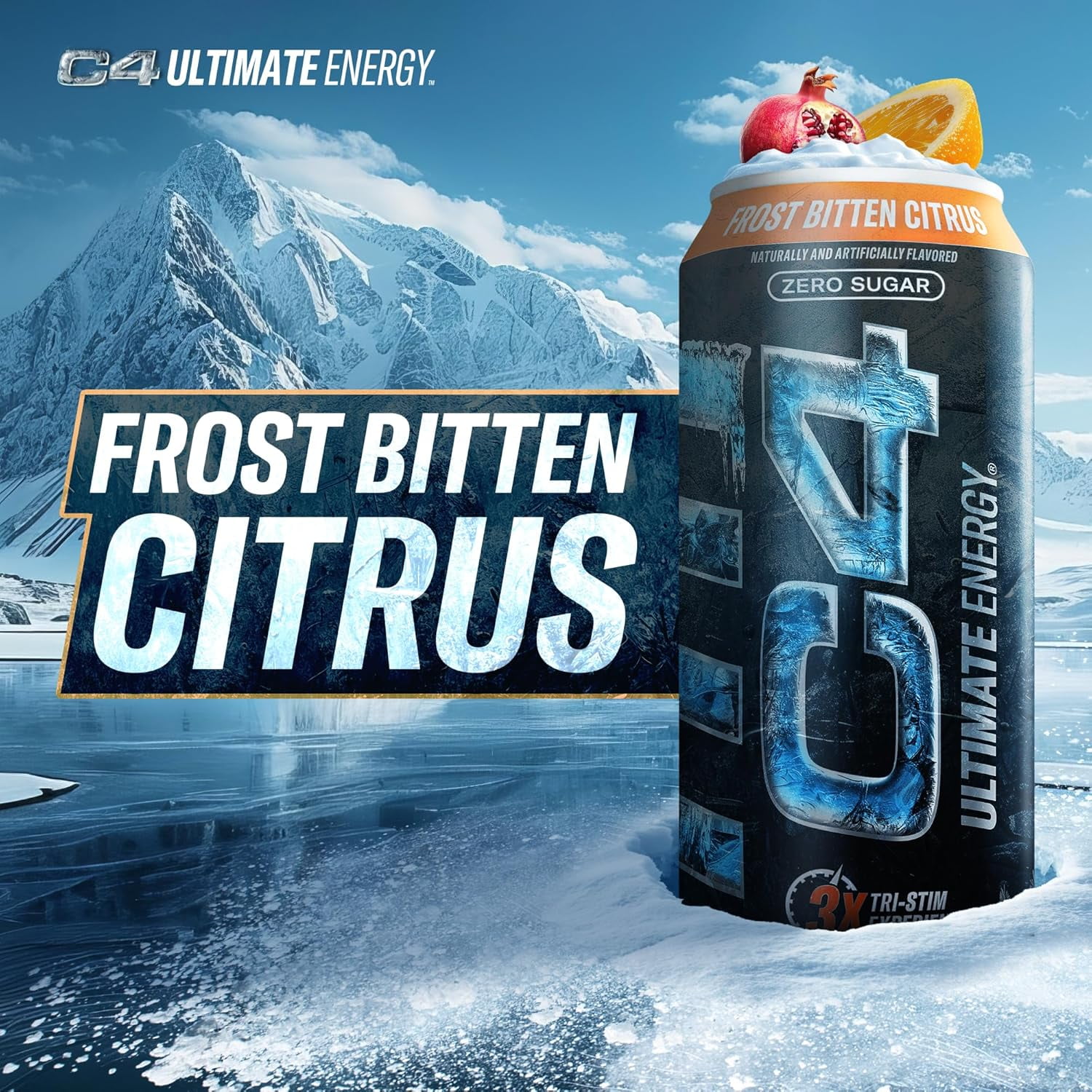 C4 Ultimate Energy Drink, Frost Bitten Citrus Flavor, Zero Sugar, Carbonated, 16 oz can (12 Pack)