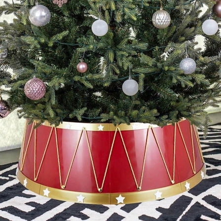 28.4 Festive Drum Design Christmas Tree Ring Stunning Mirror Finish Xmas Tree Skirt Red And Gold