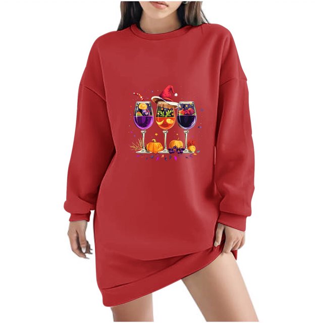 Pisexur Robes de Noël pour Femmes, Robe Chandail en Molleton à Col Rond Imprimé Verres de Vin Tendance, Robe de Fête Décontractée à Manches Longues, Robe de Vacances de Noël Mini Robe
