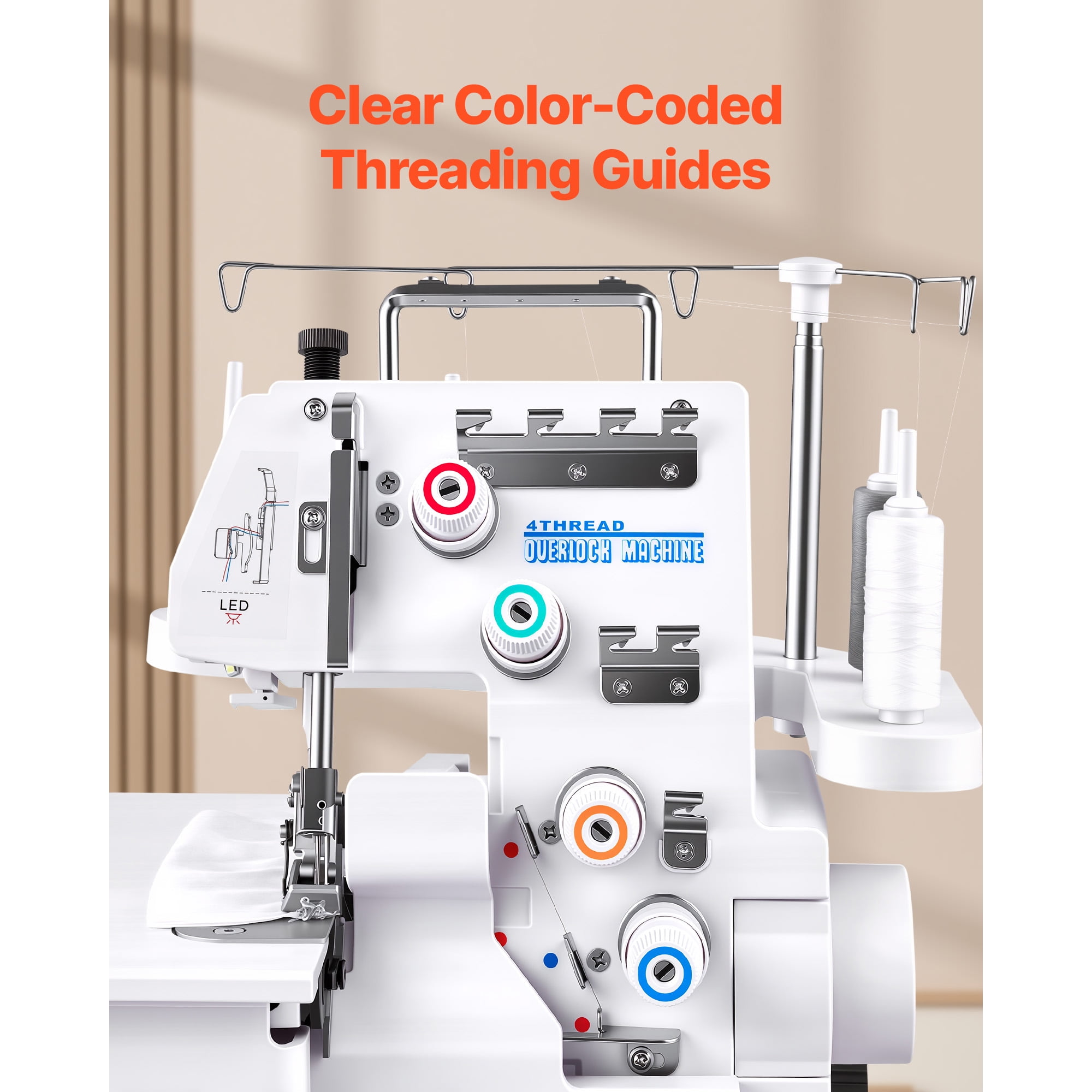 KFFKFF Serger Overlock Sewing Machine, 1250 Stitches Per Minute, 3 and 4 Thread Options, Equipped with LED Light and Stable Suction Feet, Durable Metal Frame Sewing Machine for Different Fabrics
