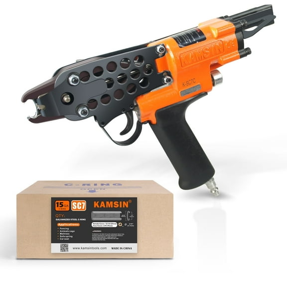 KAMSIN K-SC7C 15 Gauge Air C-Ring Staple Gun 3/4'' Crown Pneumatic Hog Ring Stapler Kit with 10,000PCS Galvanized Hog Ring Staples,4.8~7mm Closed Diameter. For Fencing, Spring Mattress, Wire Cages.