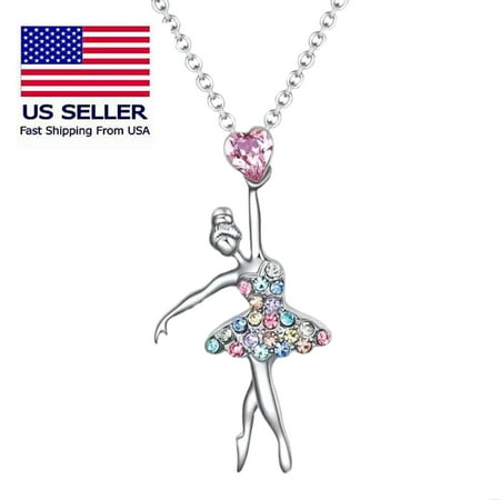 Ballerina Ballet Dancer Multicolor Rhinestone Crystal Pendant Necklace, Fruilibee Jewelry Gifts for Women