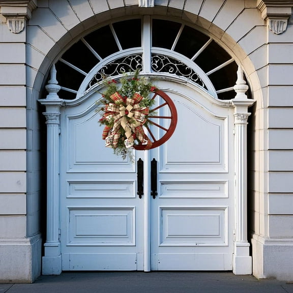 12 inch Spring Wreath Wagon Wheel Wreath Farmhouse Front Door Home Decorative Red Wagon Wheel Wreaths Vintage Wood Spring Garland Mother's Day