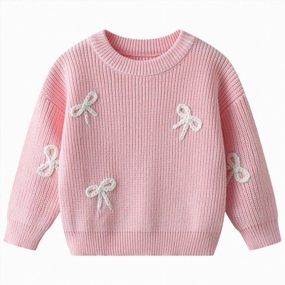 CAICJ98 Toddler Baby Girl Knit Sweater Bow Embroidery Chunky Sweatshirt Tops Oversized Warm Christmas Fall Clothes (Pink,6-9 Months)
