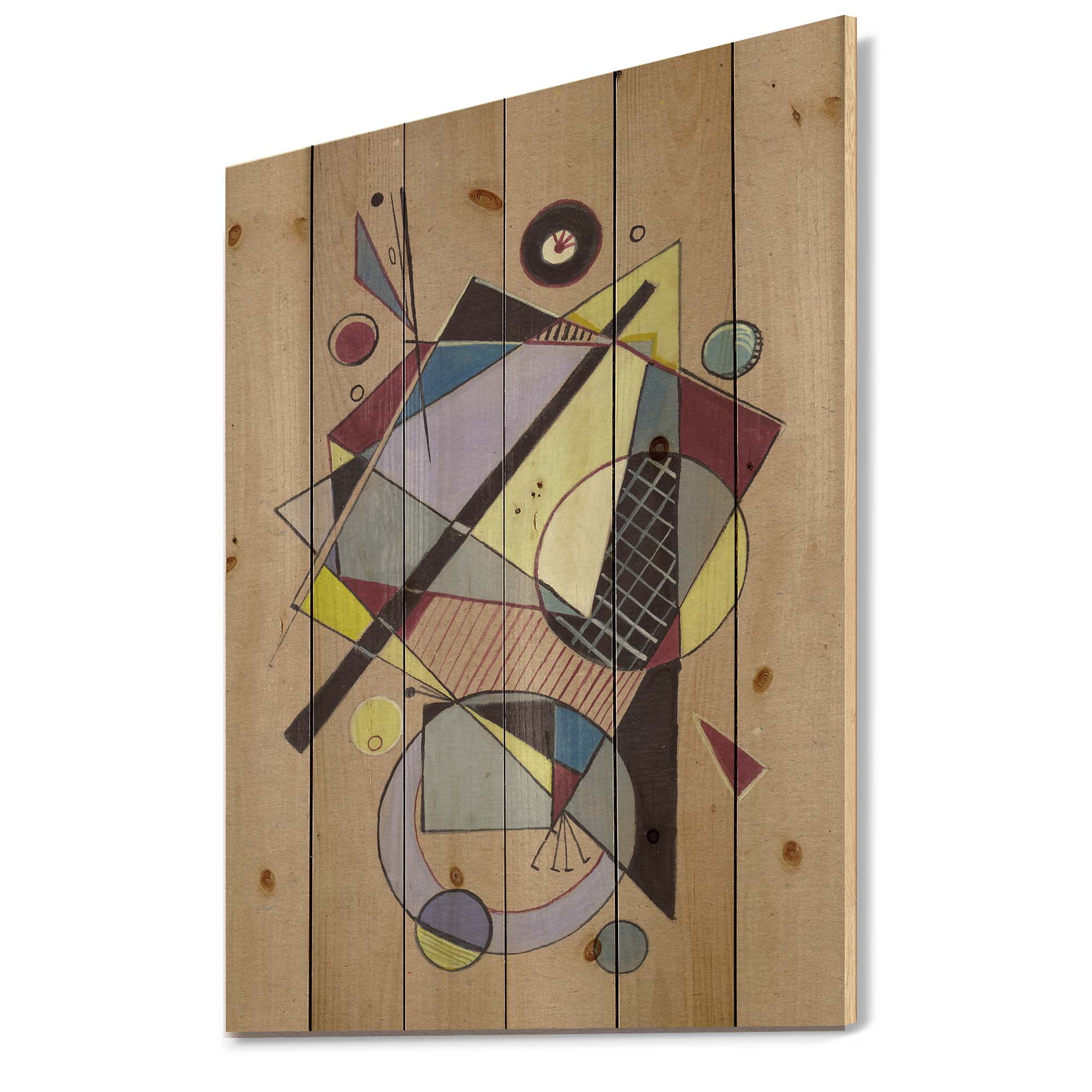 Designart 'Abstract Compositions Of Colored Geometric IV' Modern Print on Natural Pine Wood