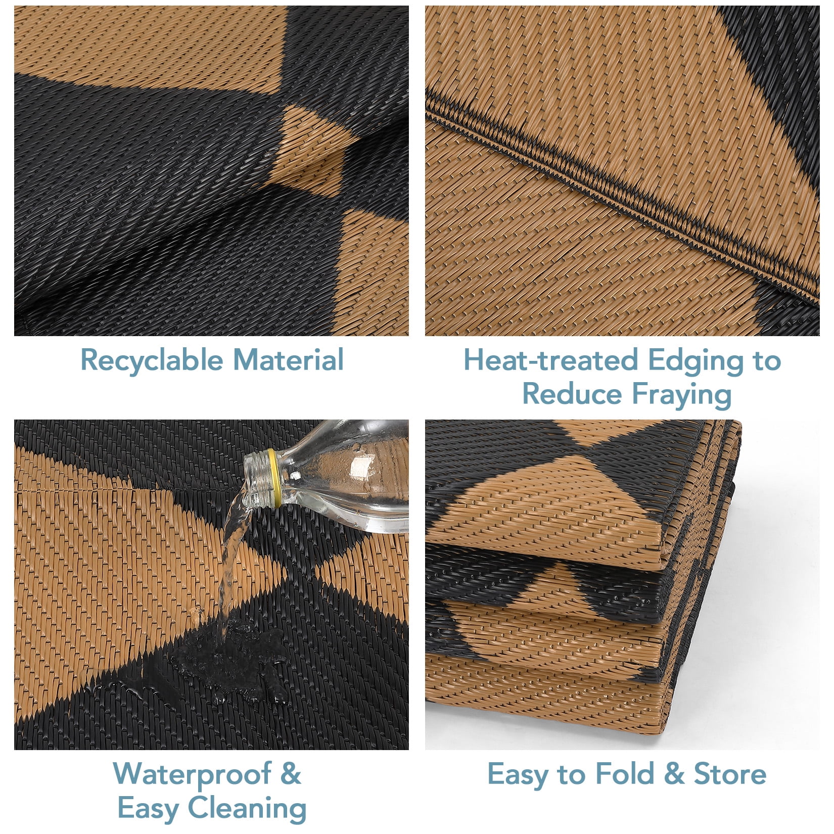 HIWEAVER 8' x 10' Black/Brown Outdoor Rug PP Plastic Straw Woven Waterproof Patio Rug with Border Portable Outside Carpet for Balcony Deck Picnic Garden Decor