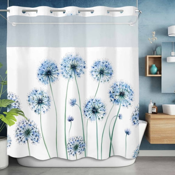 No Hooks Shower Curtain with Snap in Fabric Liner Set, Dandelion Blue Flower Plant Shower Curtains Waterproof Bathroom Curtain with See Through Top Window,Hotel Style,72x72in Still Life on White