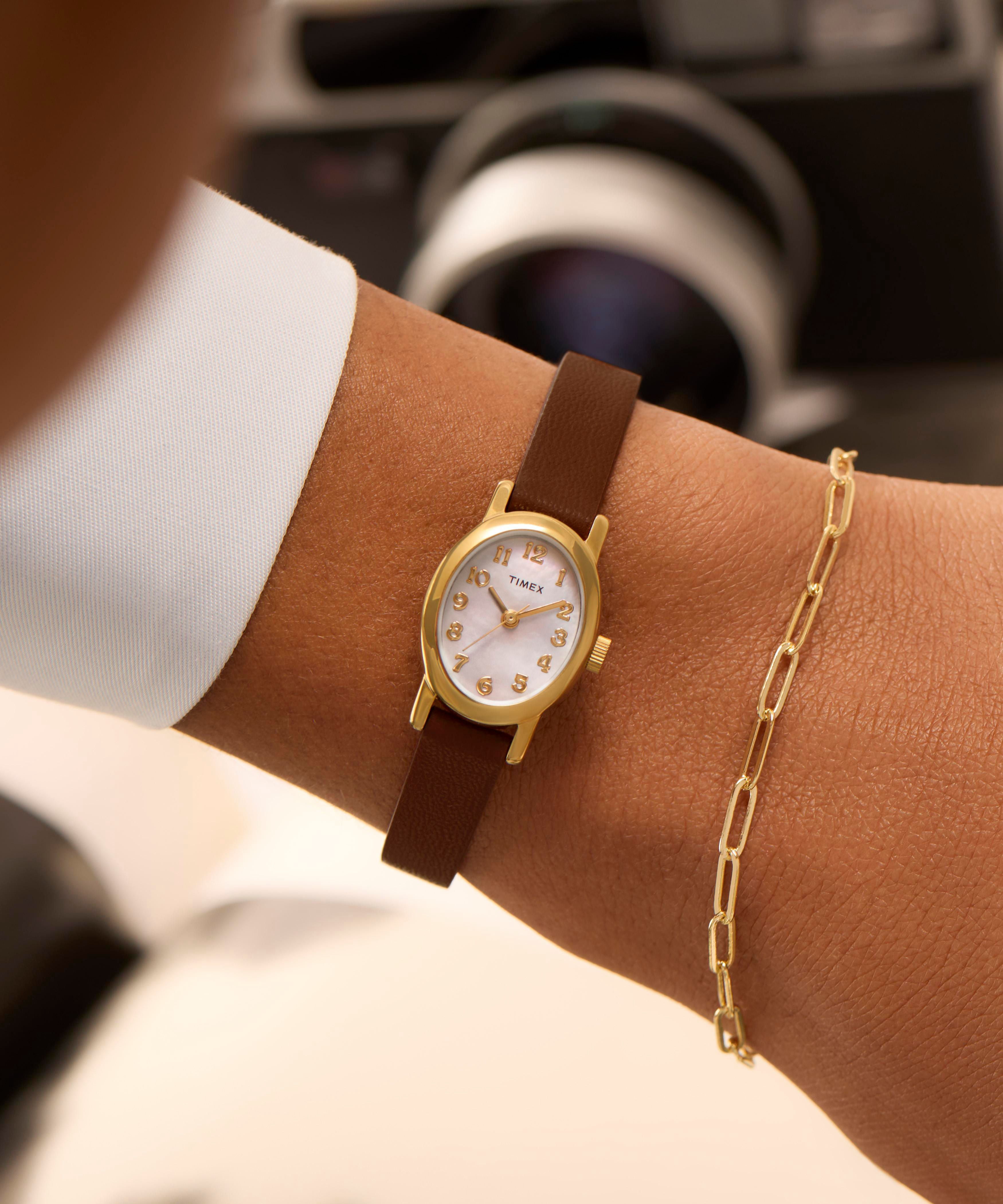 Timex Women's Cavatina 18mm Watch - Brown Strap Mother of Pearl Dial Gold-Tone Case