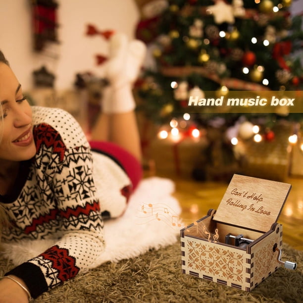 Decoración Caja de música de madera, caja musical grabada con manivela, regalos de San Valentín (15)