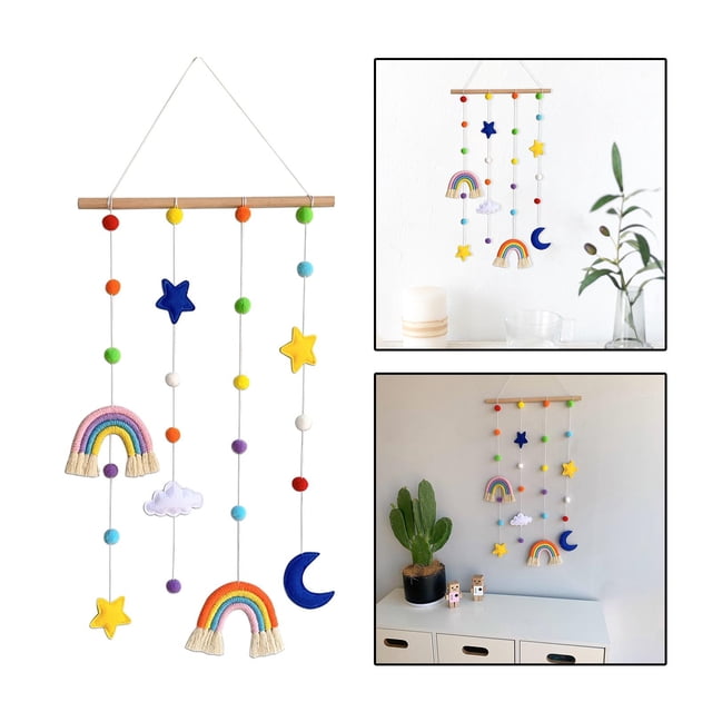 Macramé Iris decoración colgante de pared borla Pom cadena Banner para habitación de niños decoración para hogar guardería dormitorio Baby Sh A Macarena Colgante de bola con pompón de arcoíris