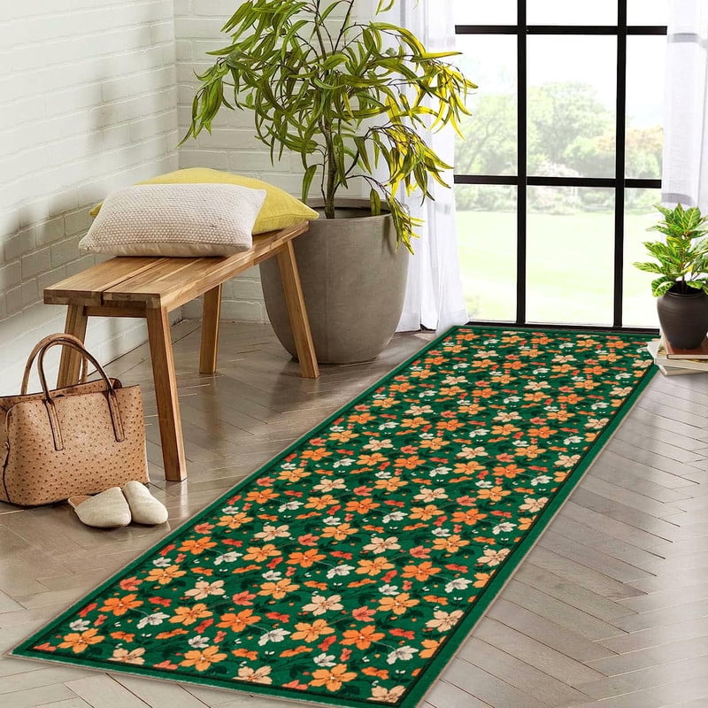 2'x6' Runner Rug Boho Floral Small Non-Slip Low Pile Throw Rugs for Entryway Kitchen Front Door Indoor Entrance Entry Kids Room Green