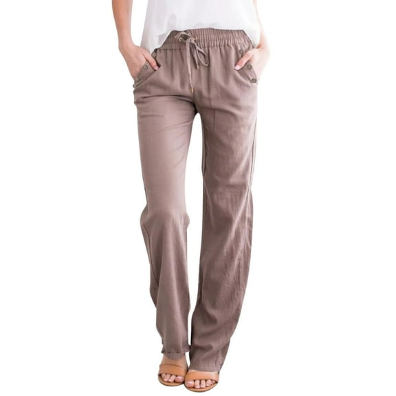 WTXUE Solid Color Cotton Flax Elastic Long Pants Beach Leisure Trousers Loose Pants for Women 10-12