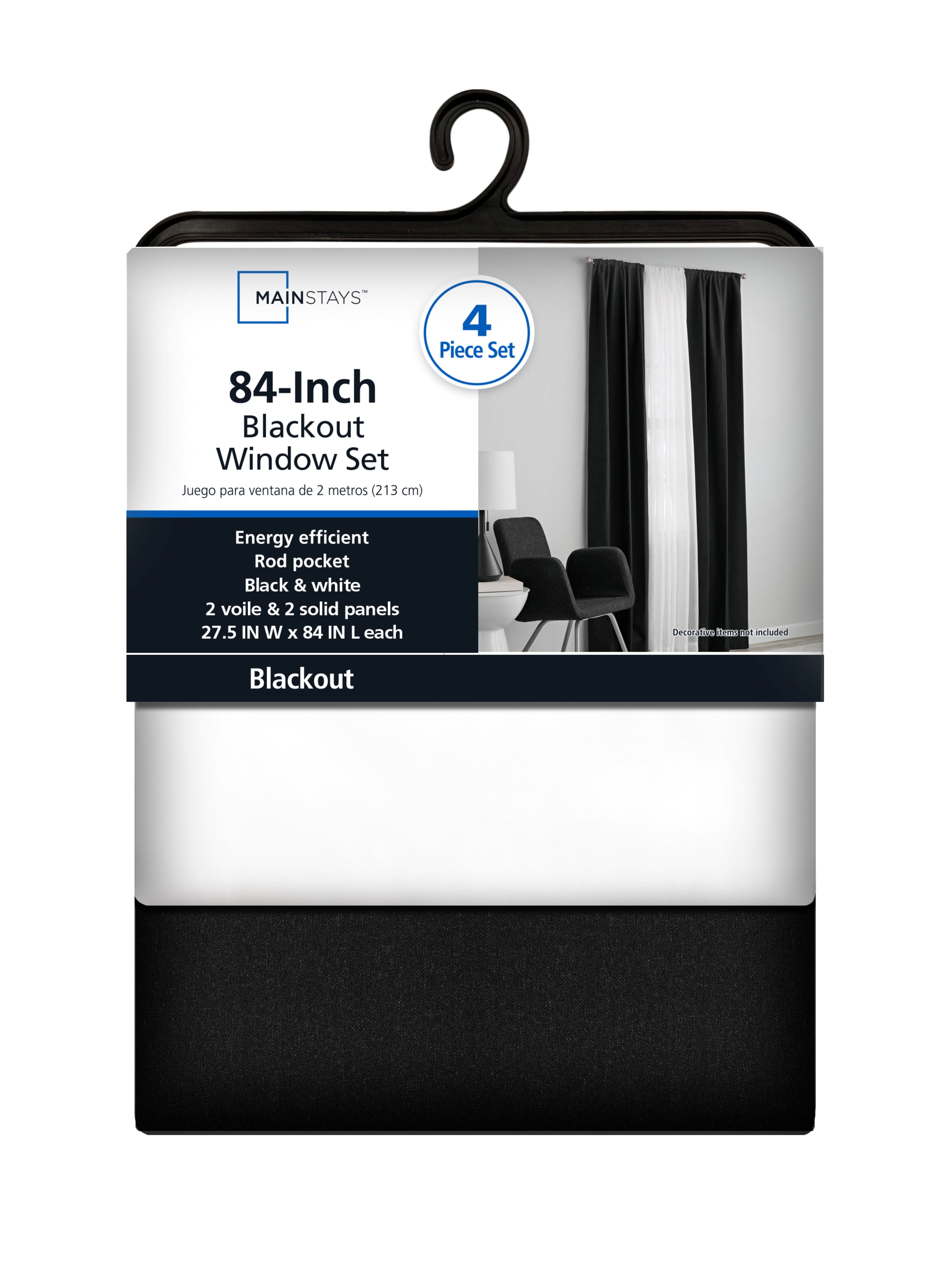 (3 pack) Mainstays Twill Blackout Rod Pocket 4 Piece Curtain Set, Rich Black, 27.5" W x 84" L