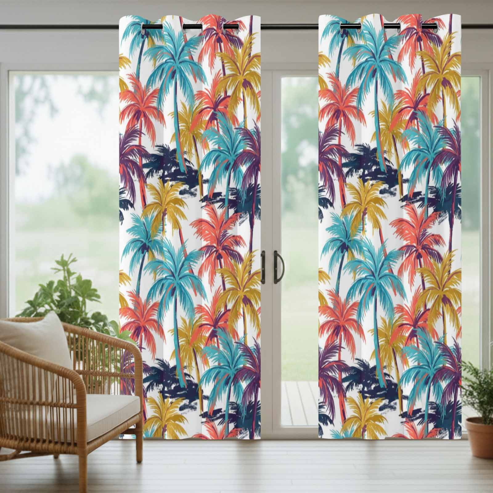 Palm Tree Outdoor Curtains for Patio, Summer Coastal Orange Blue Yellow Tropical Leaf Sunshade Privacy Drapes Grommet Waterproof Outside Curtains for Porch/Cabana/Balcony 54"x 95", 2 Panel