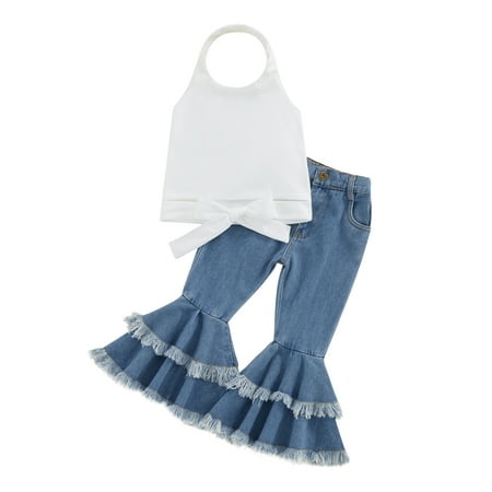 

2pcs Toddler Baby Girl Pants Set Sleeveless Vest Tops + Flare Jeans Denim Trousers
