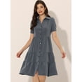 thumbnail image 2 of Vestido camisero de cambray para mujer, manga corta, con botones, cintura con lazo, cuello en V occidental, vestidos de mezclilla Gris Oscuro S, 2 of 5